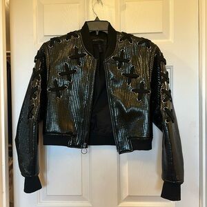BCBG MAXAZRIA black faux shiny leather jacket, size xs, perfect condition